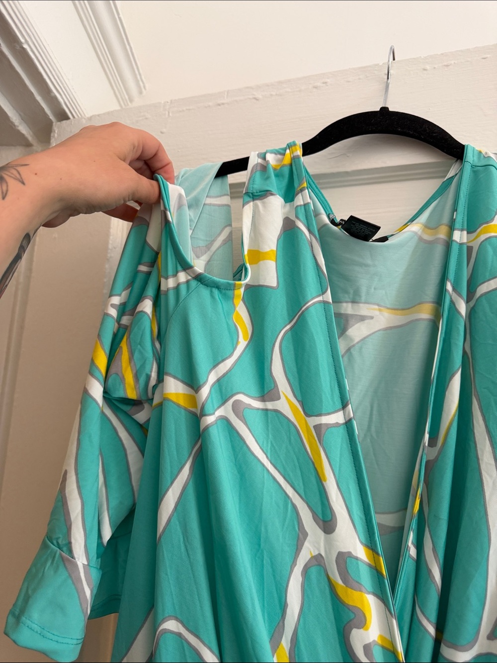 Ashley Stewart Cold-Shoulder Teal Print Wrap Maxi Dress Size 26/28 - Picture 3 of 6